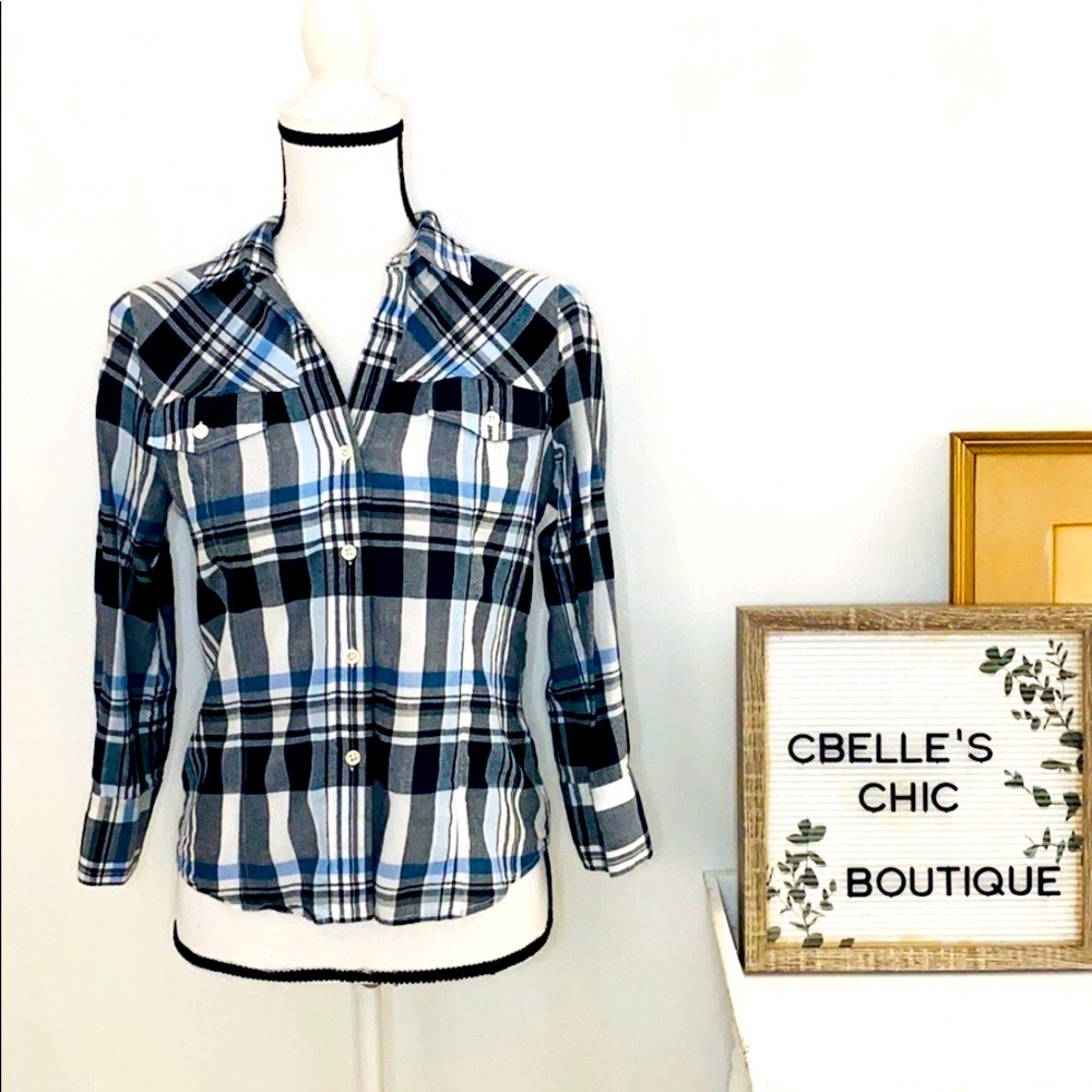 Theory Black & Blue Plaid Button Down Top Sz P